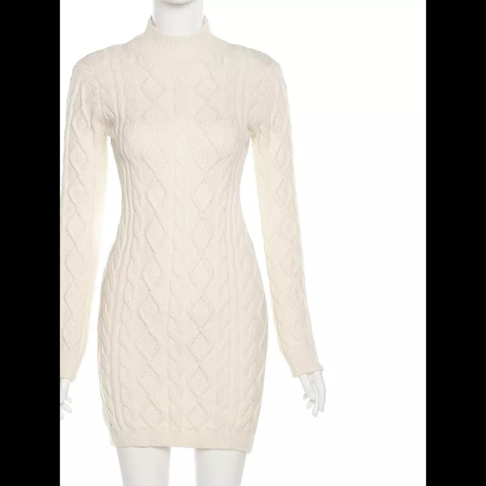 Dreamy Cable Knit Cream Open Back Sweater Dress - Picture 10 of 15